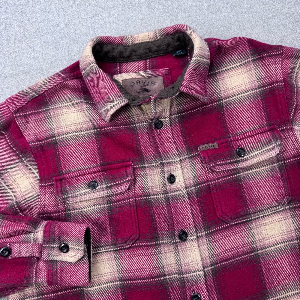 Orvis Flannel Shirt Jacket Mens M Red Plaid Heavyweight Pockets Shacket Boxy Fit